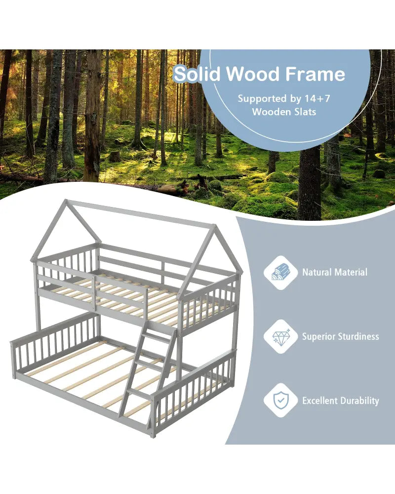 Twin Over Full House Bunk Bed with Ladder and Guardrails-Gray - Gray - Bunk Bed Frame