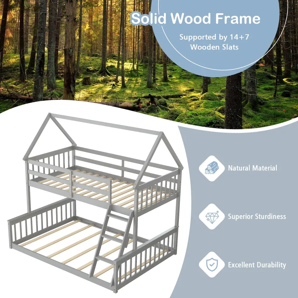Twin Over Full House Bunk Bed with Ladder and Guardrails-Gray - Gray - Bunk Bed Frame