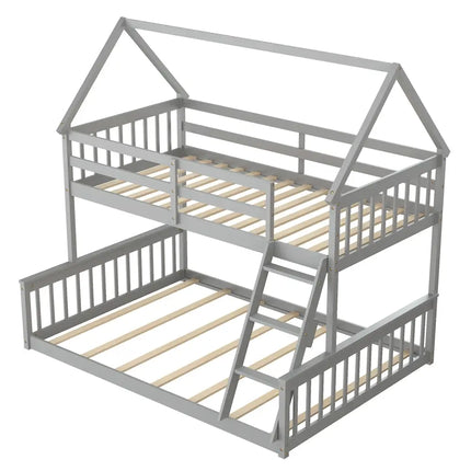 Twin Over Full House Bunk Bed with Ladder and Guardrails-Gray - Gray - Bunk Bed Frame