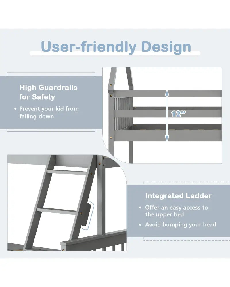 Twin Over Full House Bunk Bed with Ladder and Guardrails-Gray - Gray - Bunk Bed Frame