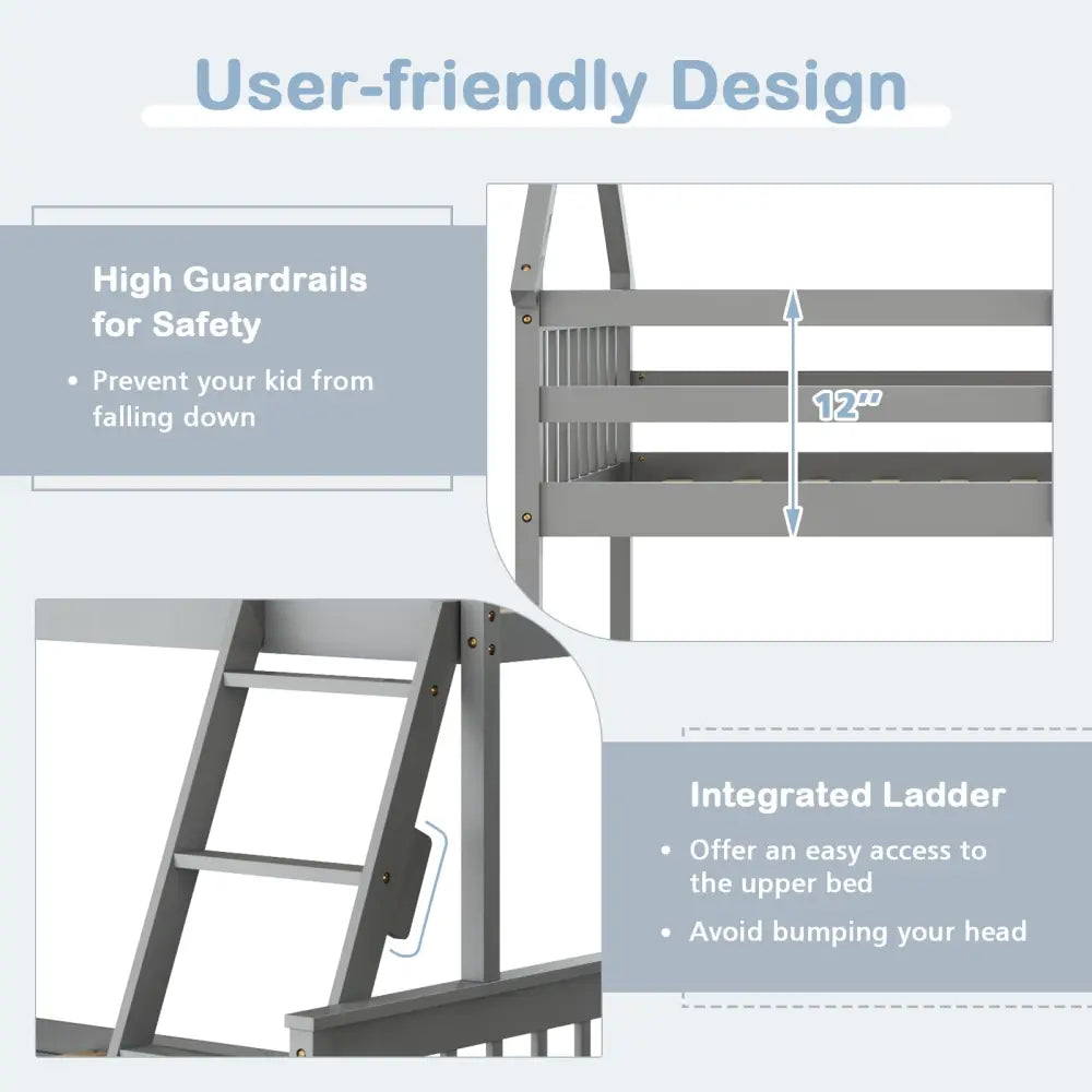 Twin Over Full House Bunk Bed with Ladder and Guardrails-Gray - Gray - Bunk Bed Frame