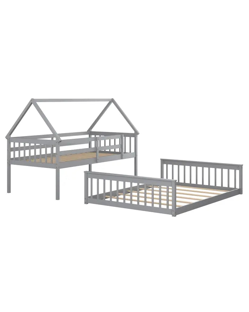 Twin Over Full House Bunk Bed with Ladder and Guardrails-Gray - Gray - Bunk Bed Frame