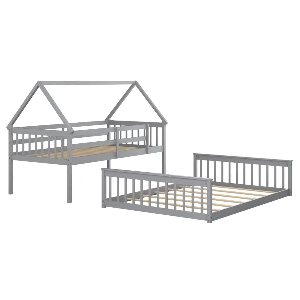Twin Over Full House Bunk Bed with Ladder and Guardrails-Gray - Gray - Bunk Bed Frame