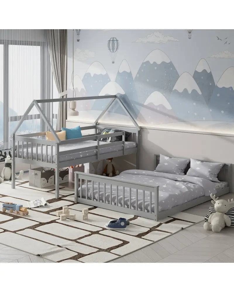Twin Over Full House Bunk Bed with Ladder and Guardrails-Gray - Gray - Bunk Bed Frame
