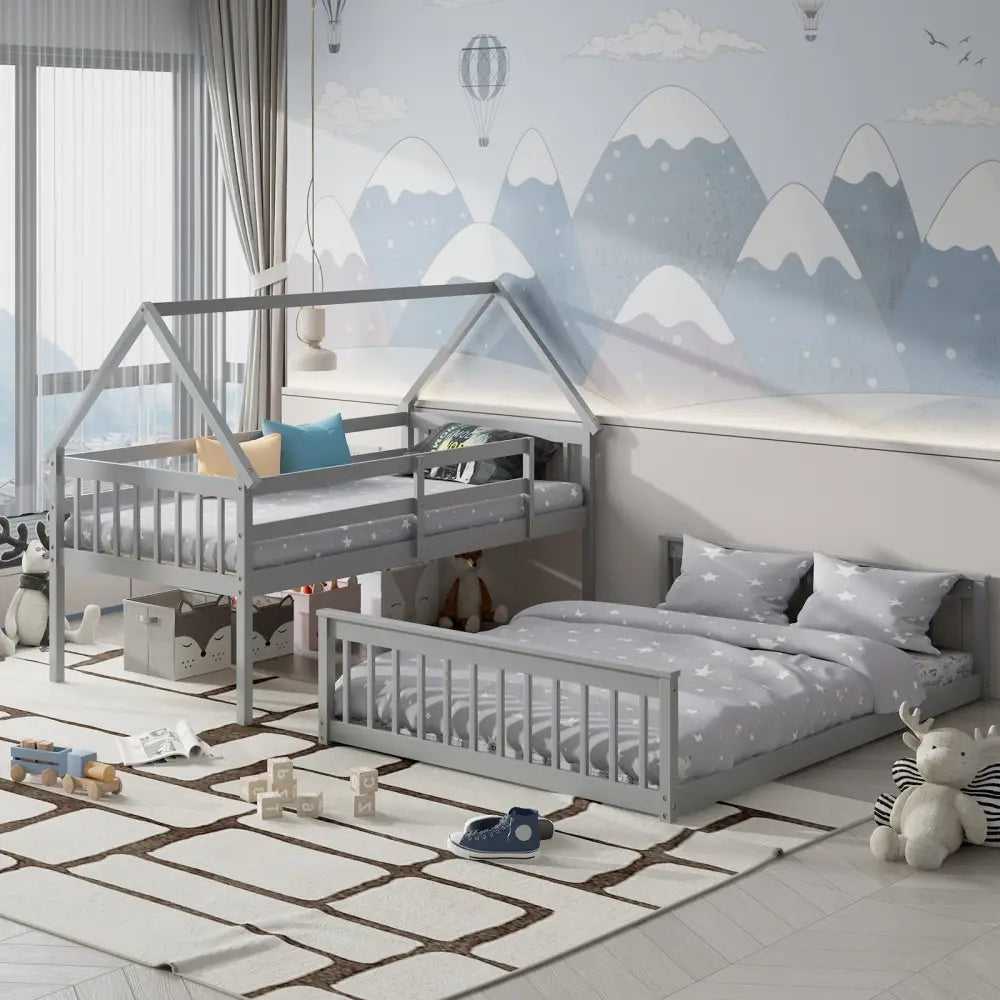 Twin Over Full House Bunk Bed with Ladder and Guardrails-Gray - Gray - Bunk Bed Frame