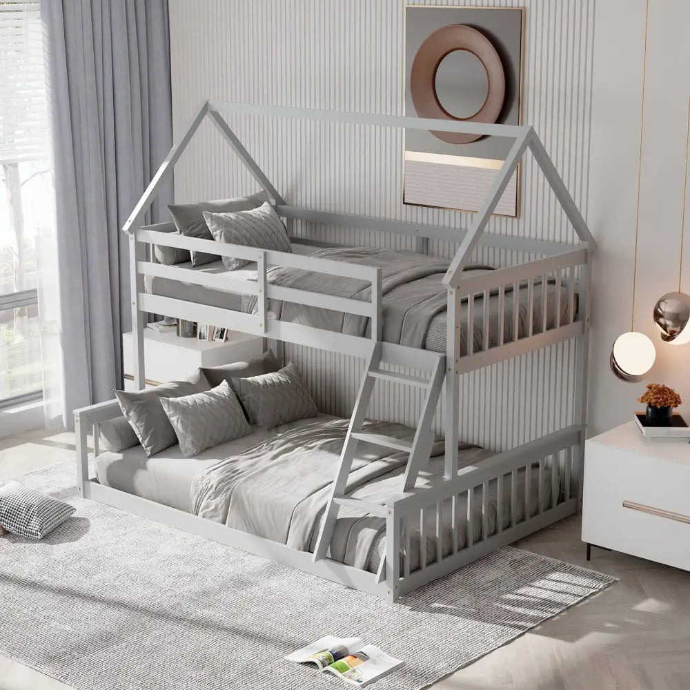 Twin Over Full House Bunk Bed with Ladder and Guardrails-Gray - Gray - Bunk Bed Frame