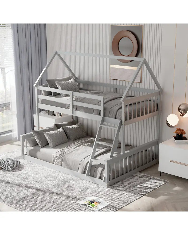 Twin Over Full House Bunk Bed with Ladder and Guardrails-Gray - Gray - Bunk Bed Frame