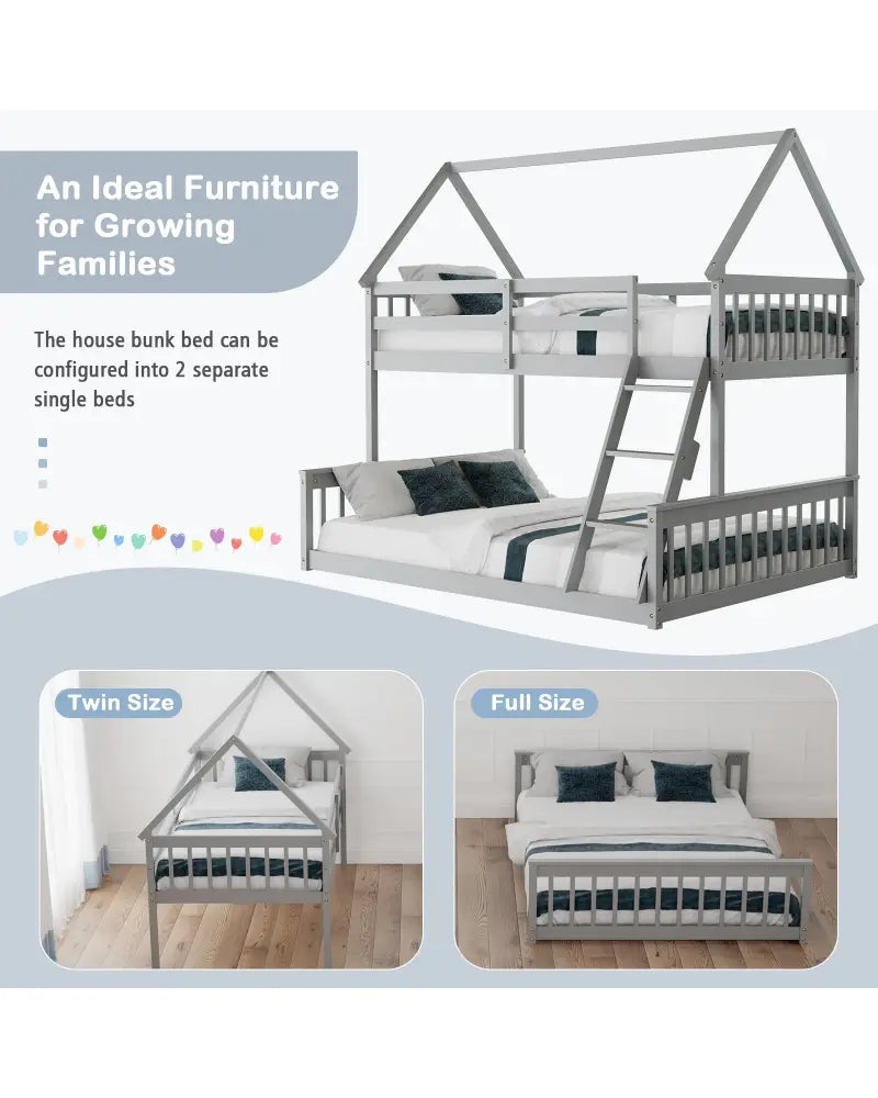 Twin Over Full House Bunk Bed with Ladder and Guardrails-Gray - Gray - Bunk Bed Frame