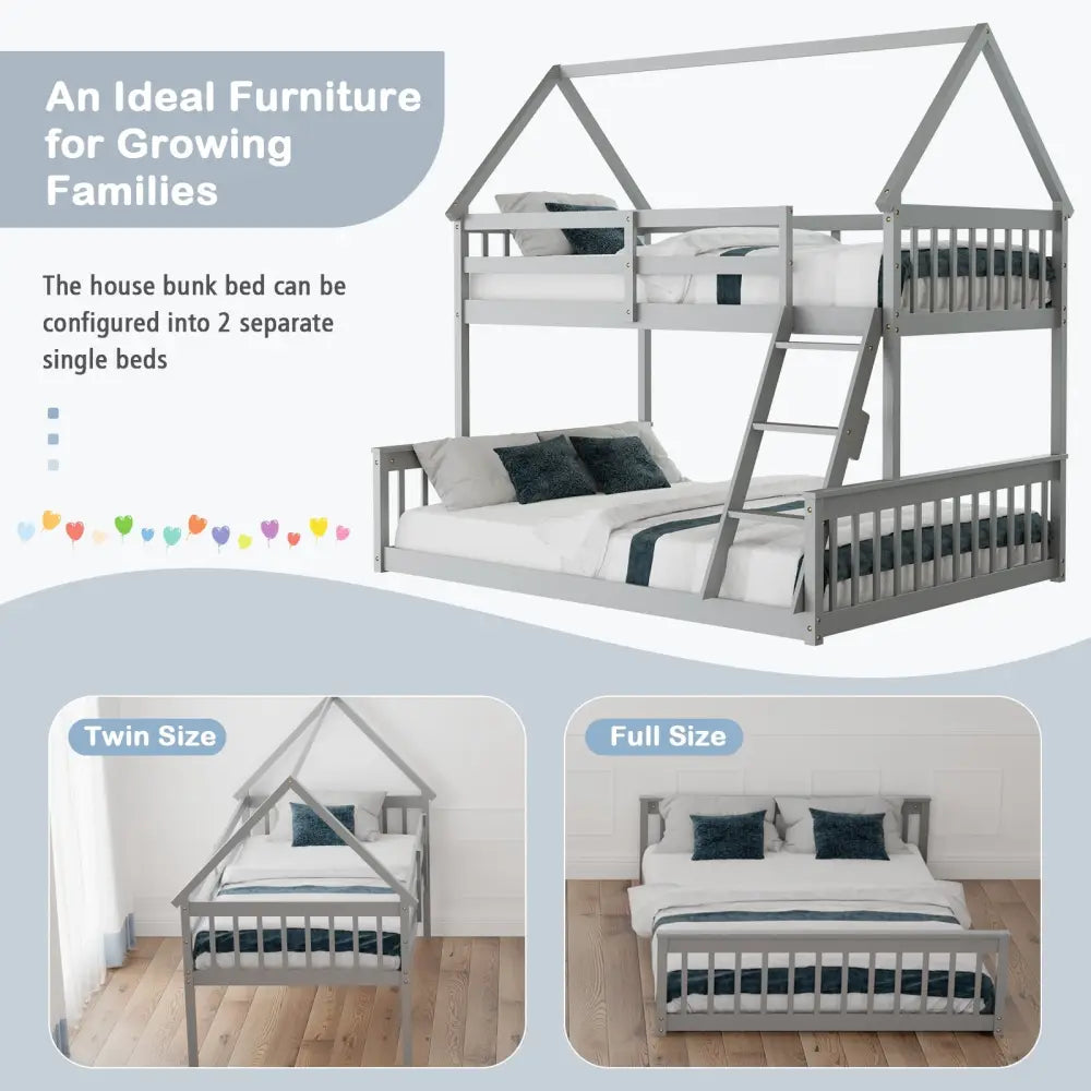 Twin Over Full House Bunk Bed with Ladder and Guardrails-Gray - Gray - Bunk Bed Frame