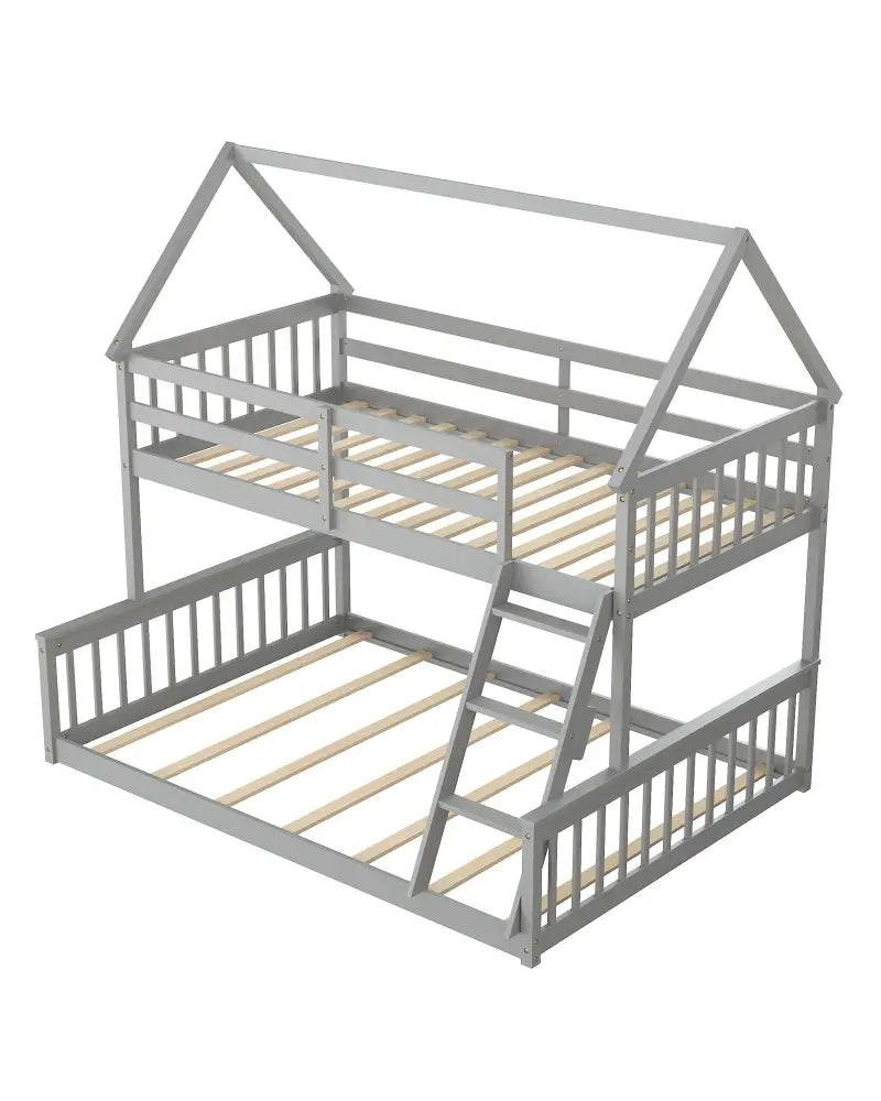 Twin Over Full House Bunk Bed with Ladder and Guardrails-Gray - Gray - Bunk Bed Frame