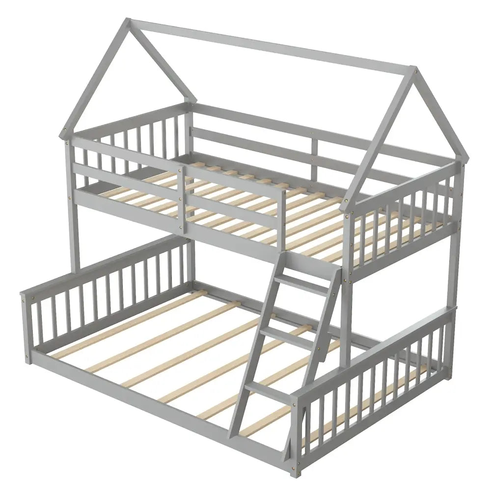 Twin Over Full House Bunk Bed with Ladder and Guardrails-Gray - Gray - Bunk Bed Frame
