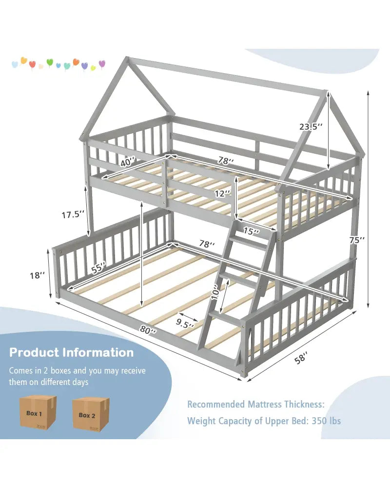 Twin Over Full House Bunk Bed with Ladder and Guardrails-Gray - Gray - Bunk Bed Frame