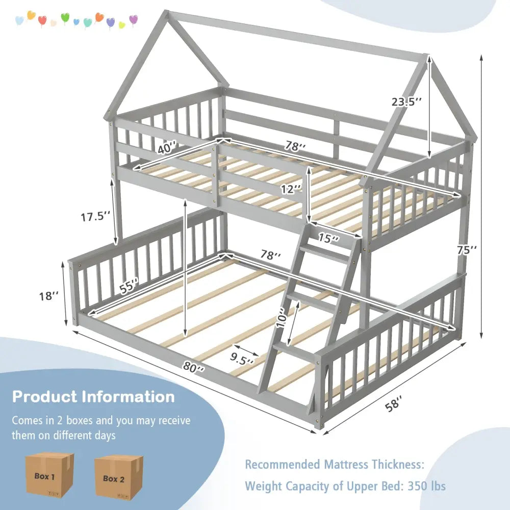 Twin Over Full House Bunk Bed with Ladder and Guardrails-Gray - Gray - Bunk Bed Frame