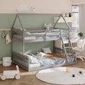 Twin Over Full House Bunk Bed with Ladder and Guardrails-Gray - Gray - Bunk Bed Frame