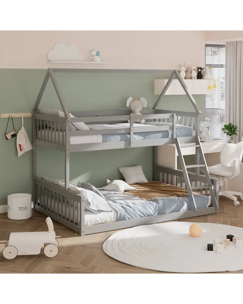 Twin Over Full House Bunk Bed with Ladder and Guardrails-Gray - Gray - Bunk Bed Frame