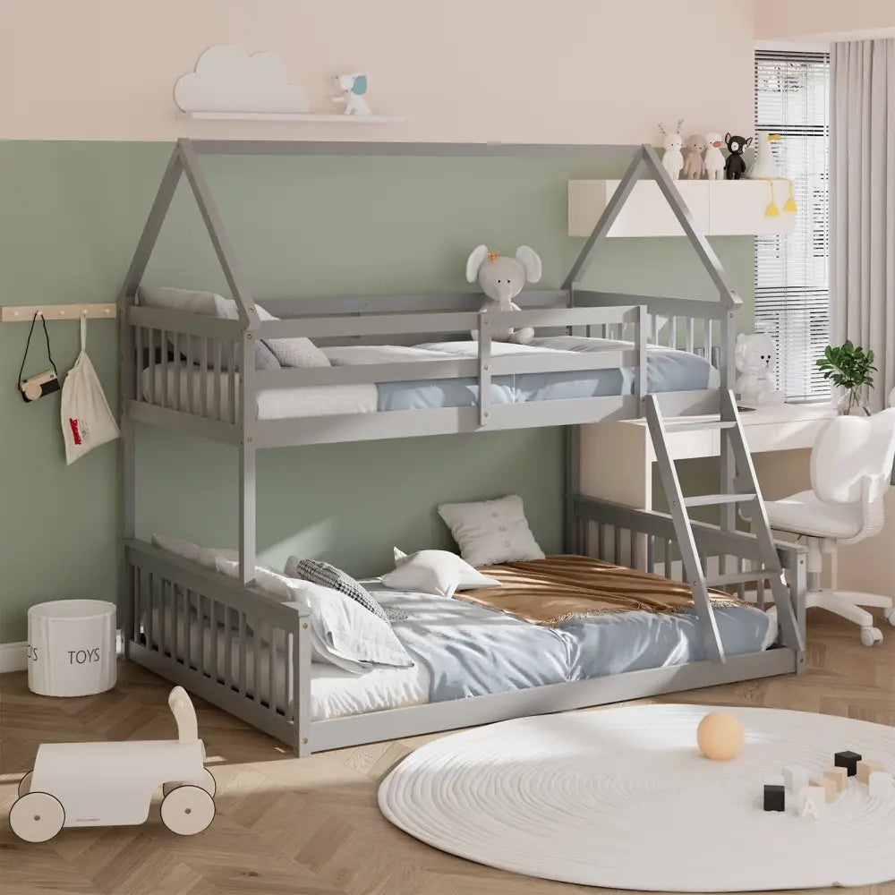 Twin Over Full House Bunk Bed with Ladder and Guardrails-Gray - Gray - Bunk Bed Frame