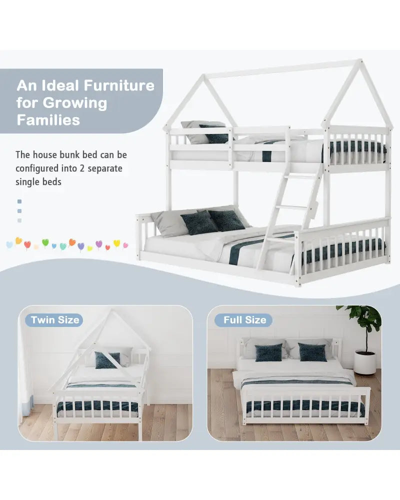 Twin Over Full House Bunk Bed with Ladder and Guardrails-White - White - Bunk Bed Frame
