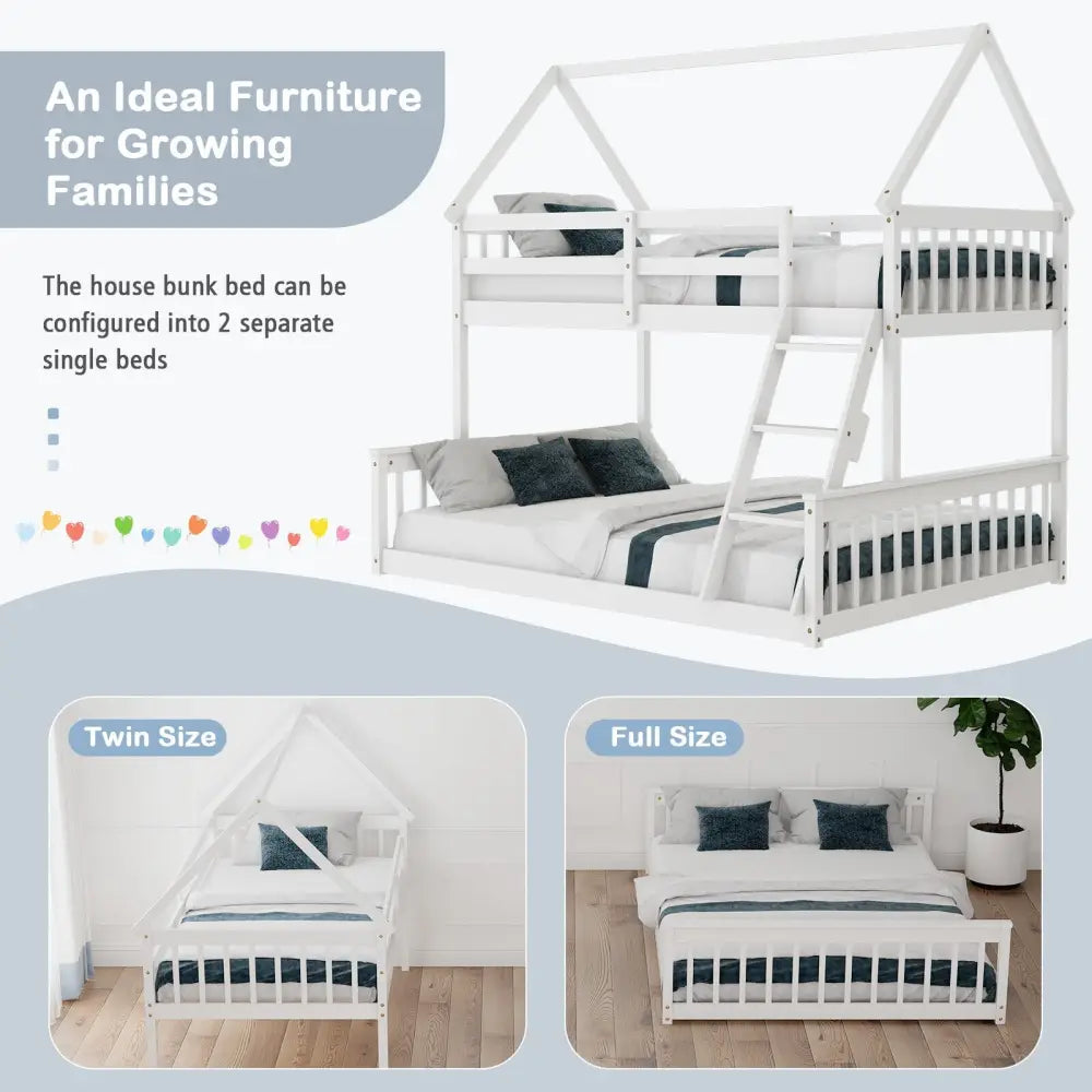 Twin Over Full House Bunk Bed with Ladder and Guardrails-White - White - Bunk Bed Frame