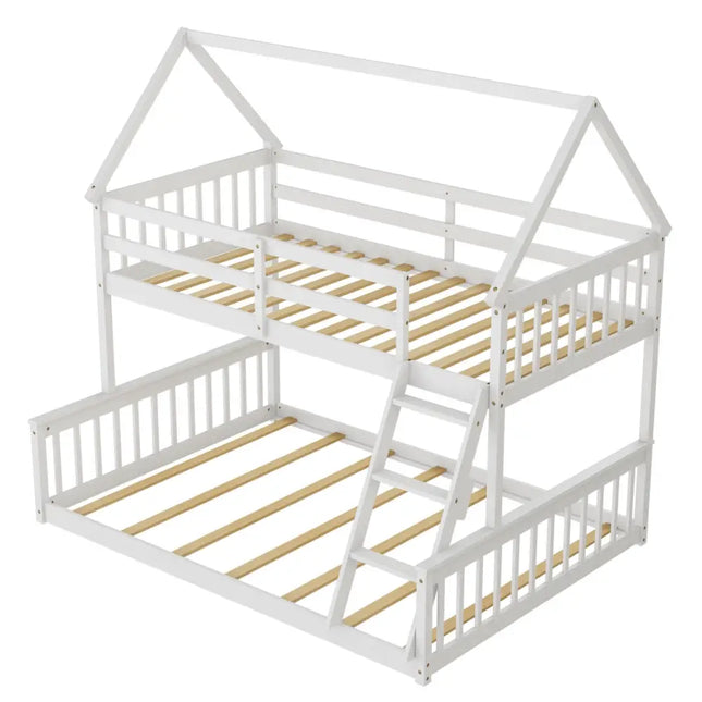 Twin Over Full House Bunk Bed with Ladder and Guardrails-White - White - Bunk Bed Frame