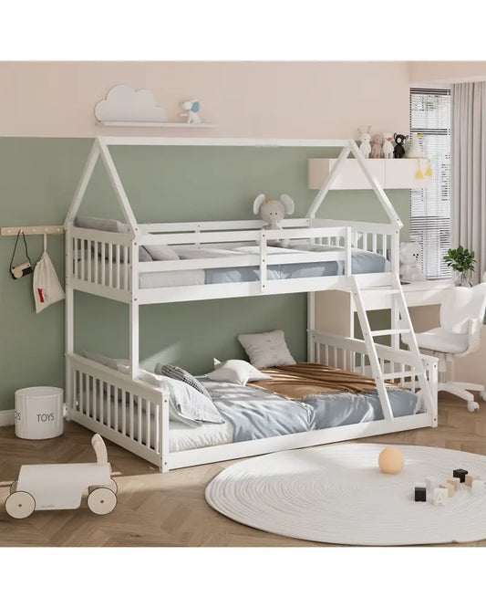 Twin Over Full House Bunk Bed with Ladder and Guardrails-White - White - Bunk Bed Frame