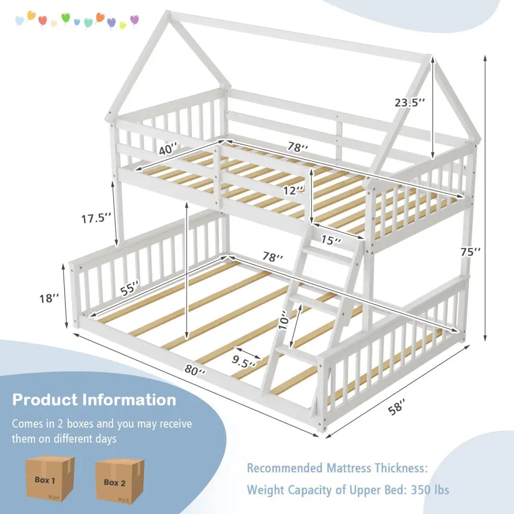 Twin Over Full House Bunk Bed with Ladder and Guardrails-White - White - Bunk Bed Frame