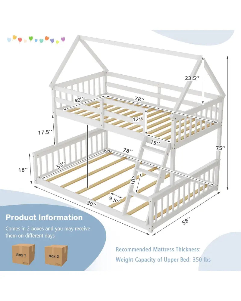 Twin Over Full House Bunk Bed with Ladder and Guardrails-White - White - Bunk Bed Frame