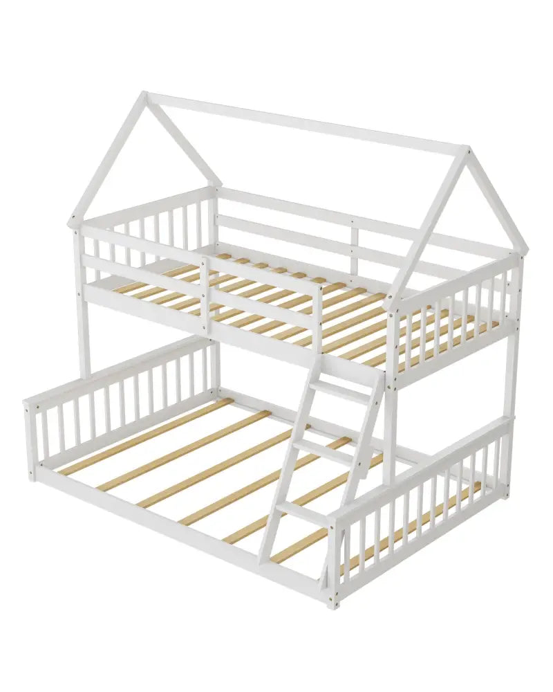 Twin Over Full House Bunk Bed with Ladder and Guardrails-White - White - Bunk Bed Frame