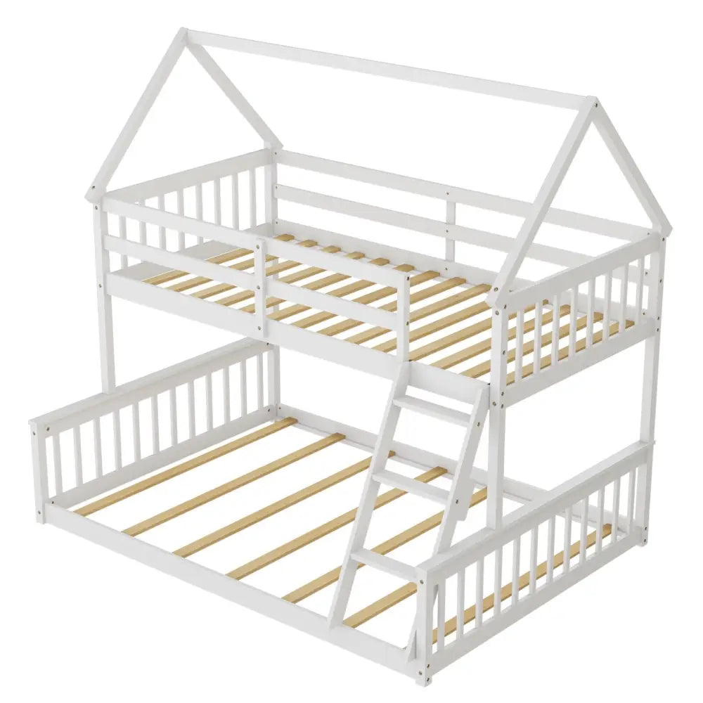 Twin Over Full House Bunk Bed with Ladder and Guardrails-White - White - Bunk Bed Frame