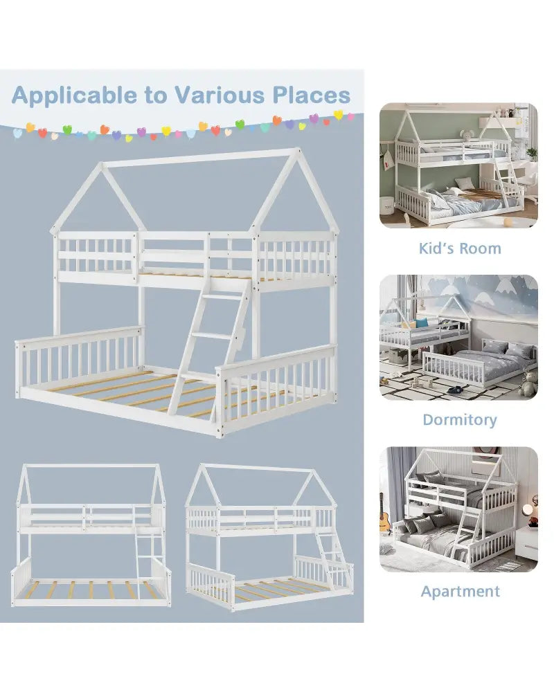 Twin Over Full House Bunk Bed with Ladder and Guardrails-White - White - Bunk Bed Frame