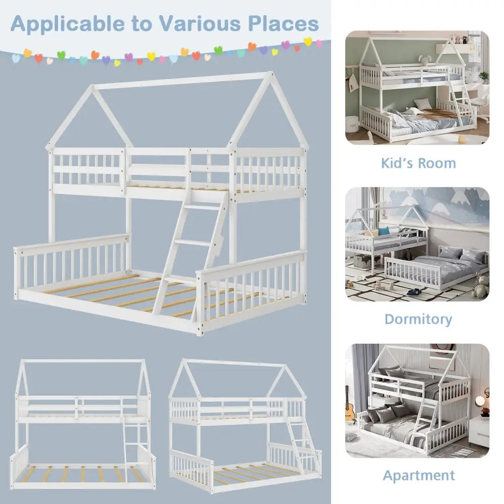 Twin Over Full House Bunk Bed with Ladder and Guardrails-White - White - Bunk Bed Frame