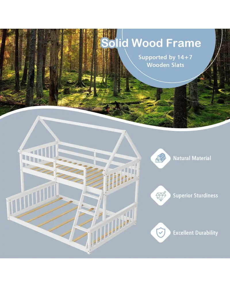 Twin Over Full House Bunk Bed with Ladder and Guardrails-White - White - Bunk Bed Frame