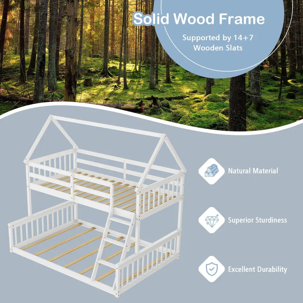Twin Over Full House Bunk Bed with Ladder and Guardrails-White - White - Bunk Bed Frame
