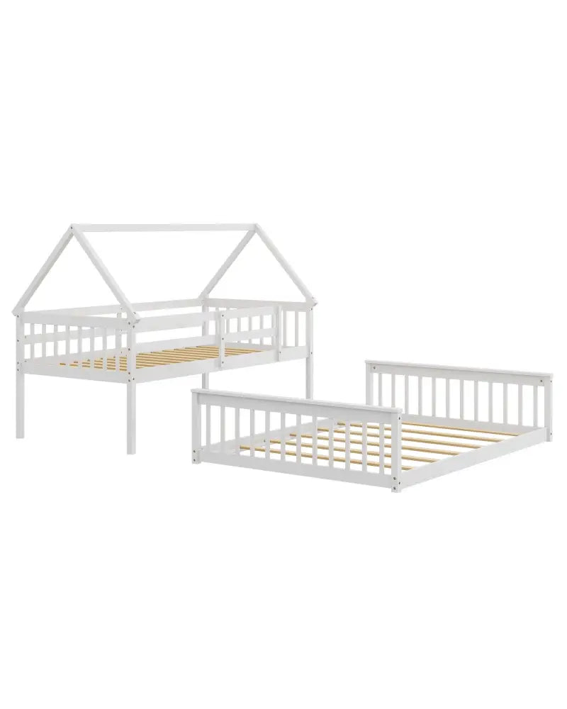Twin Over Full House Bunk Bed with Ladder and Guardrails-White - White - Bunk Bed Frame