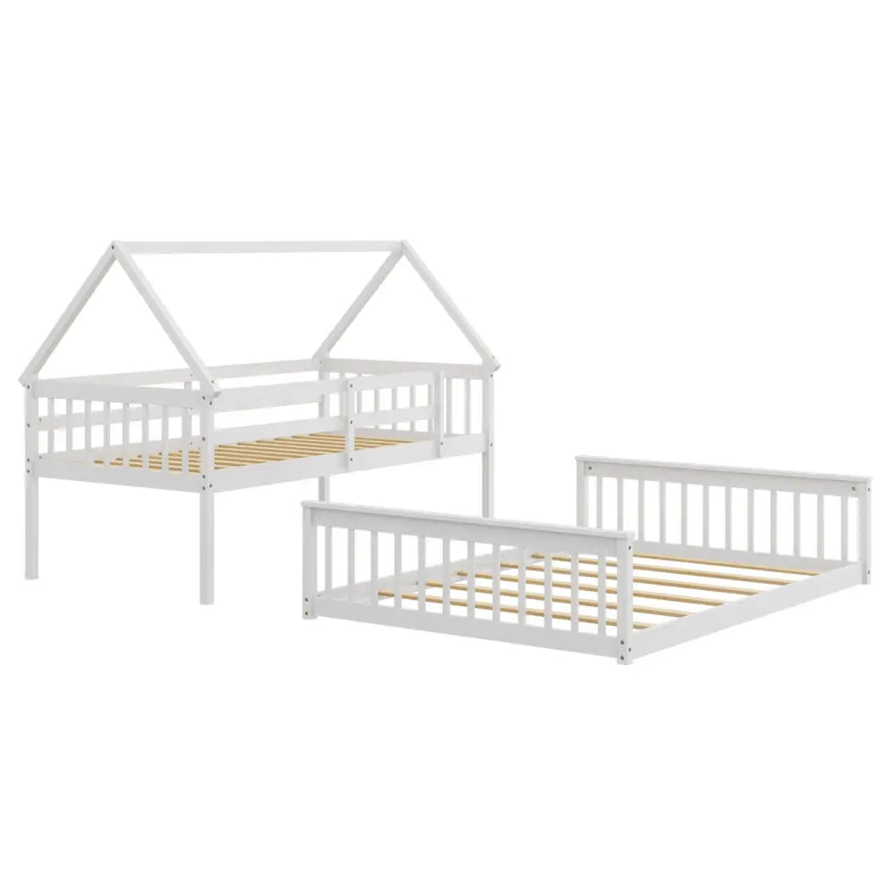 Twin Over Full House Bunk Bed with Ladder and Guardrails-White - White - Bunk Bed Frame