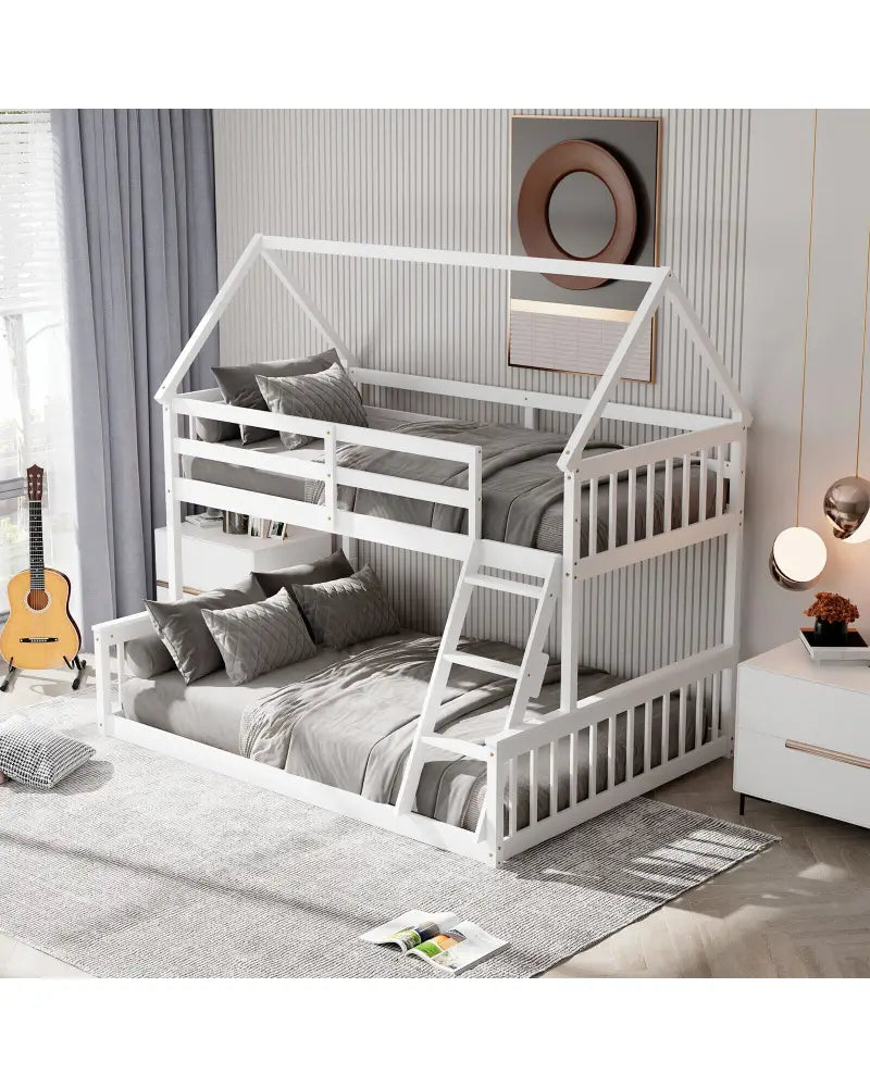 Twin Over Full House Bunk Bed with Ladder and Guardrails-White - White - Bunk Bed Frame