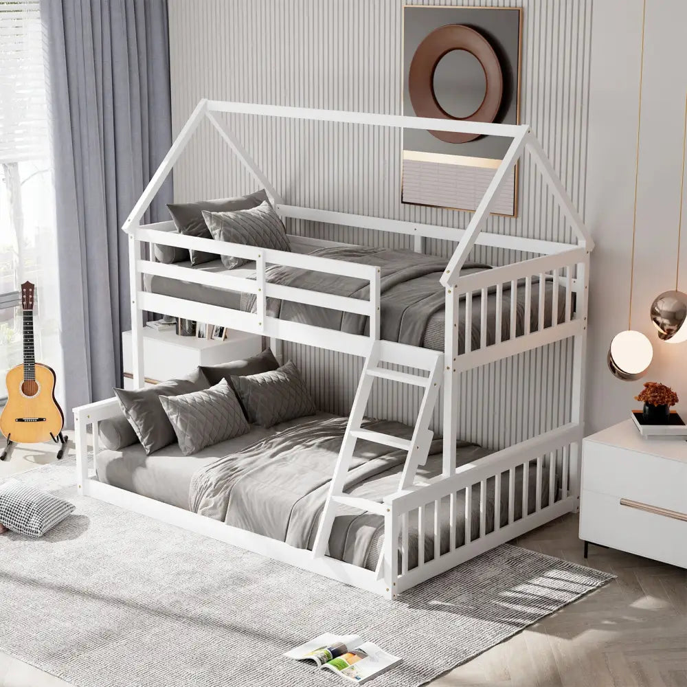 Twin Over Full House Bunk Bed with Ladder and Guardrails-White - White - Bunk Bed Frame