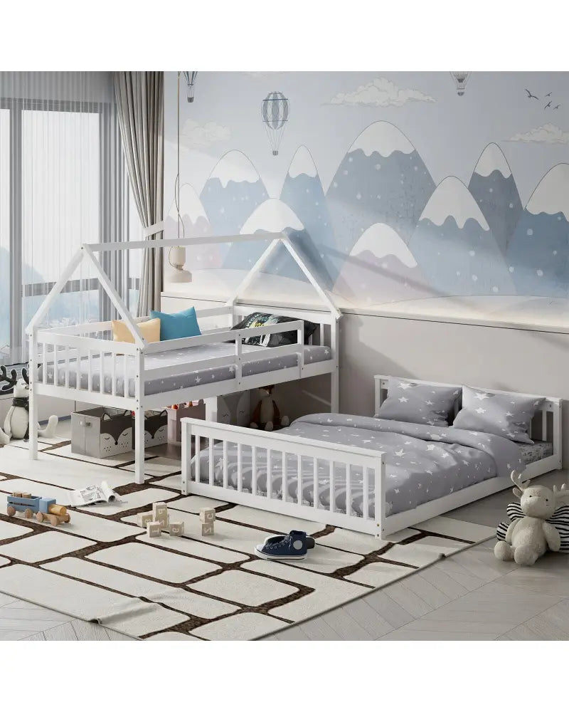 Twin Over Full House Bunk Bed with Ladder and Guardrails-White - White - Bunk Bed Frame