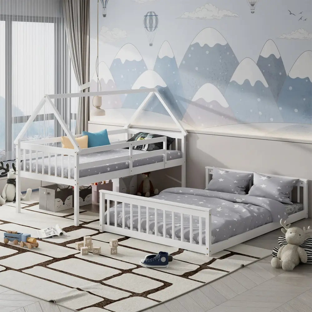 Twin Over Full House Bunk Bed with Ladder and Guardrails-White - White - Bunk Bed Frame