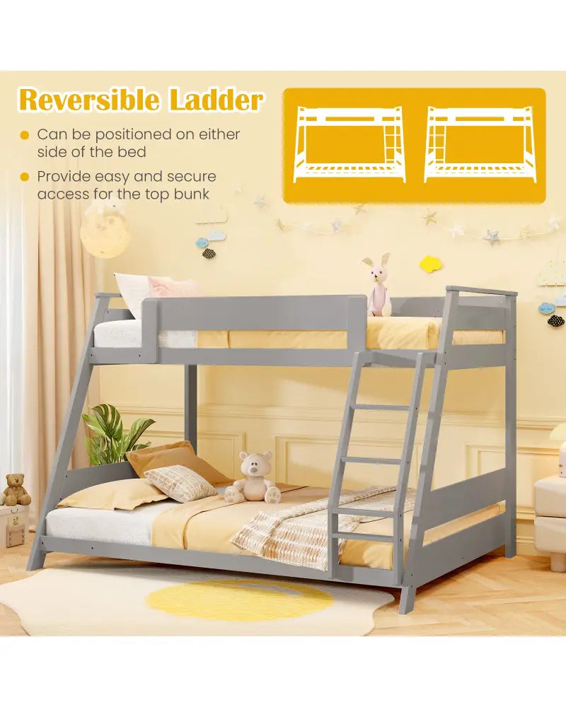 Twin Over Full Low Bunk Bed with Reversible Ladder-Gray - Gray - Bunk Bed Frame