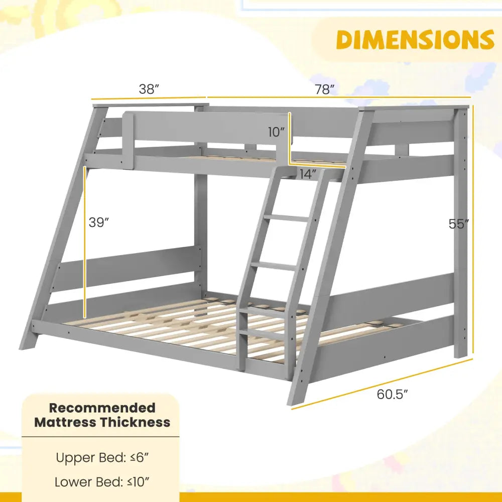 Twin Over Full Low Bunk Bed with Reversible Ladder-Gray - Gray - Bunk Bed Frame