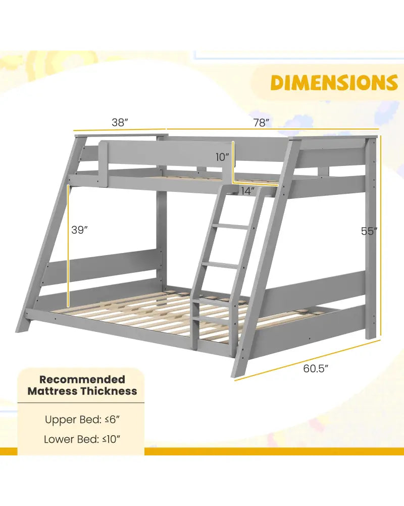 Twin Over Full Low Bunk Bed with Reversible Ladder-Gray - Gray - Bunk Bed Frame