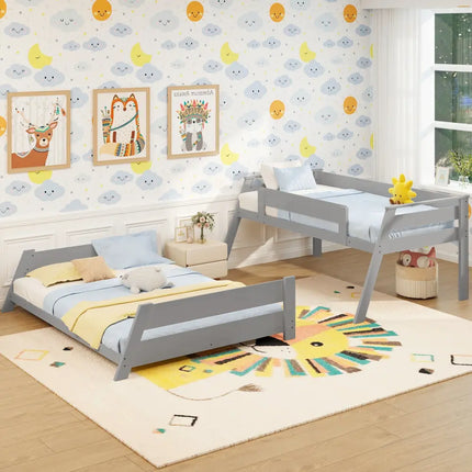 Twin Over Full Low Bunk Bed with Reversible Ladder-Gray - Gray - Bunk Bed Frame