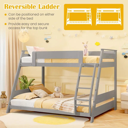 Twin Over Full Low Bunk Bed with Reversible Ladder-Gray - Gray - Bunk Bed Frame