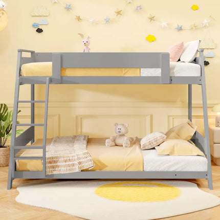 Twin Over Full Low Bunk Bed with Reversible Ladder-Gray - Gray - Bunk Bed Frame