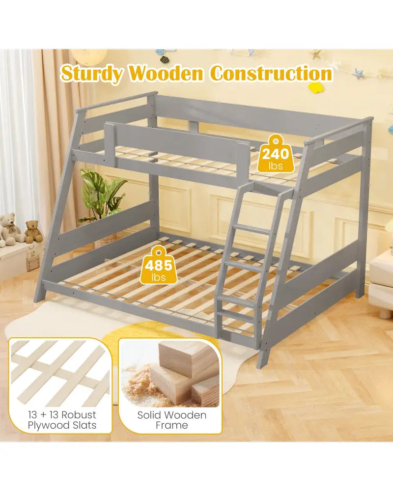 Twin Over Full Low Bunk Bed with Reversible Ladder-Gray - Gray - Bunk Bed Frame