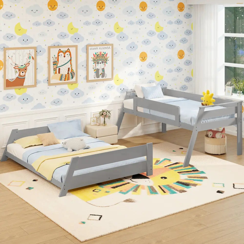 Twin Over Full Low Bunk Bed with Reversible Ladder-Gray - Gray - Bunk Bed Frame