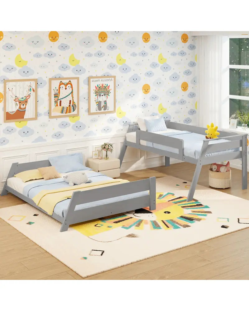Twin Over Full Low Bunk Bed with Reversible Ladder-Gray - Gray - Bunk Bed Frame