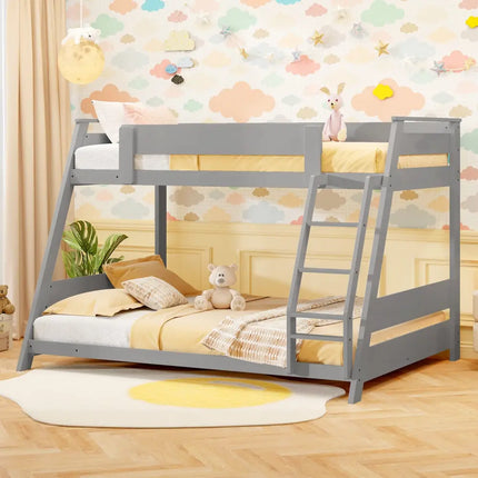 Twin Over Full Low Bunk Bed with Reversible Ladder-Gray - Gray - Bunk Bed Frame