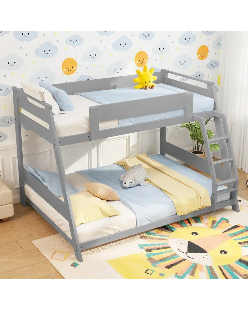 Twin Over Full Low Bunk Bed with Reversible Ladder-Gray - Gray - Bunk Bed Frame