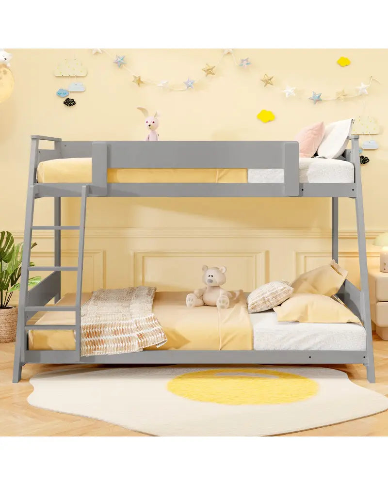 Twin Over Full Low Bunk Bed with Reversible Ladder-Gray - Gray - Bunk Bed Frame